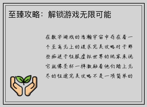 至臻攻略：解锁游戏无限可能